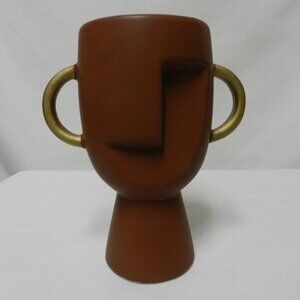Abstract Face Ceramic Vase double handles brown gold 7" tall Art Nordic NEW